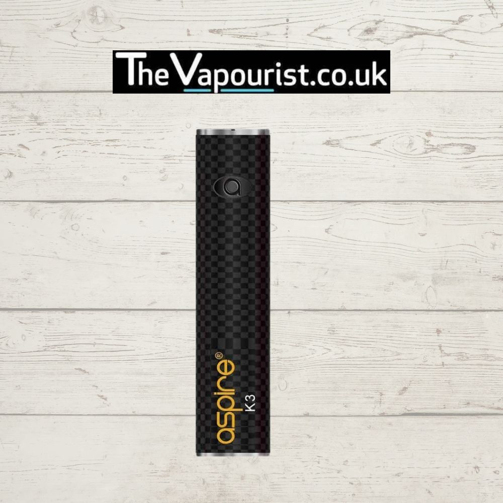 Aspire K3 vape battery with carbon fiber finish shown vertically under TheVapourist.co.uk logo. Compact 510-threaded design for portable vaping.