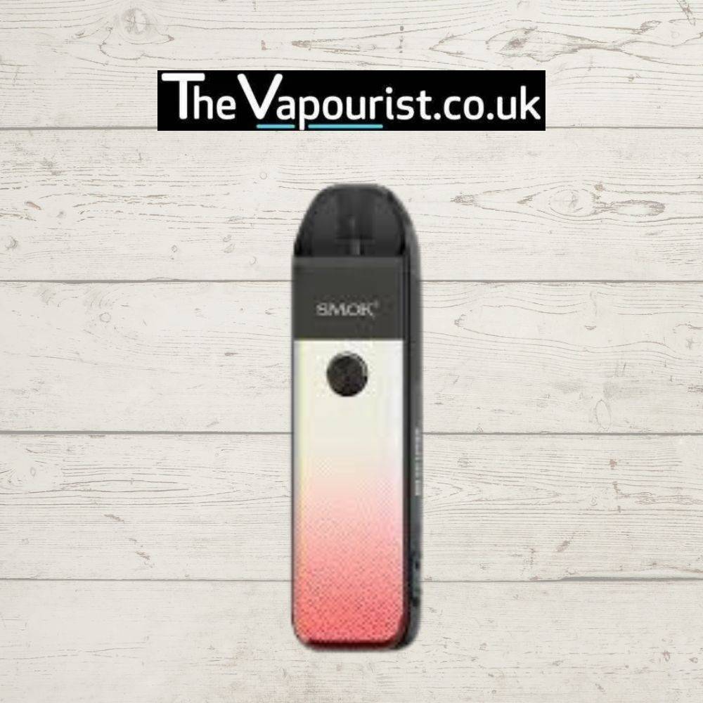 SMOK Pozz Pro Kit - Compact & Adjustable Vape Device in gradient pink and black finish, displayed against a rustic wooden background.