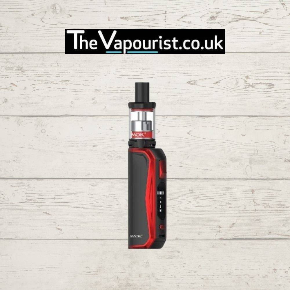 SMOK Priv N19 Kit in black and red featuring 1200mAh built-in battery and up to 30W output, sleek design for e-liquid vaping. Shown with TheVapourist.co.uk branding.