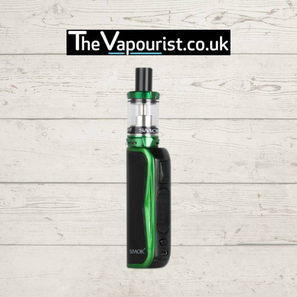 SMOK Priv N19 Kit in black and green with 1200mAh battery and 30W adjustable wattage, ideal for portable vaping. Displayed on rustic wood background.