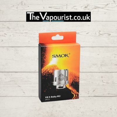 SMOK V8 X Baby Coils 3-pack box with fiery orange design, offering smooth airflow and dense vapour for a balanced vaping experience.