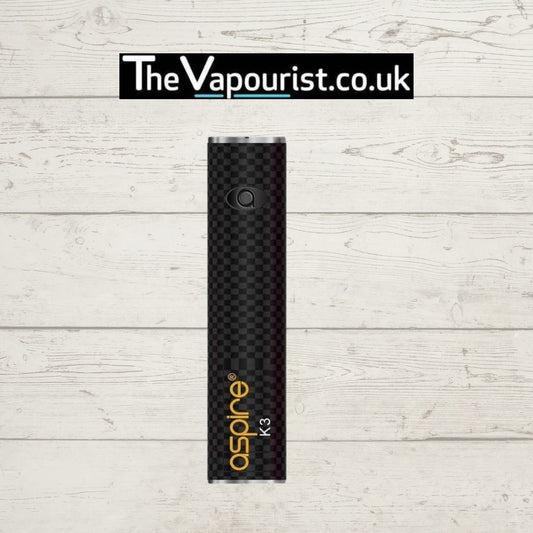 Aspire K3 vape battery with carbon fiber finish shown vertically under TheVapourist.co.uk logo. Compact 510-threaded design for portable vaping.