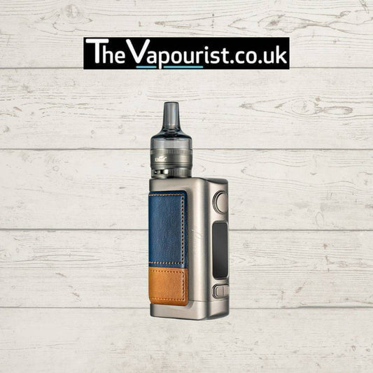 Eleaf iStick Power 2 Kit - 5000mAh built in battery in silver with blue and brown leather grip. Stylish high-performance vape device for long-lasting use.