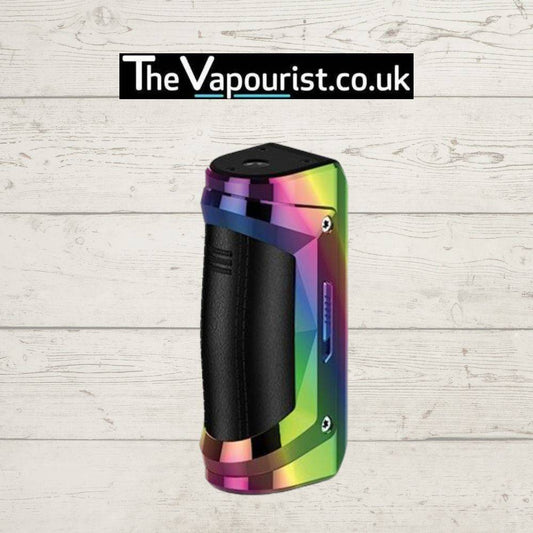 GEEKVAPE S100 Battery Mod in rainbow finish with ergonomic grip, showcasing its durable and versatile design for reliable vaping performance.