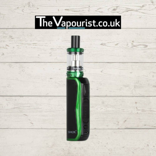 SMOK Priv N19 Kit in black and green with 1200mAh battery and 30W adjustable wattage, ideal for portable vaping. Displayed on rustic wood background.