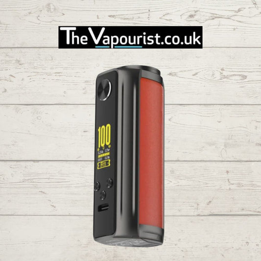 Vaporesso Target 100 Mod in red leather finish with 100W output, displayed upright for high-performance vaping. Ideal for advanced e-liquid users.