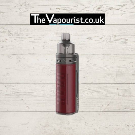 Voopoo Drag S Vape Kit in red leather finish, featuring a compact design with adjustable wattage and PnP pod system for high performance vaping.