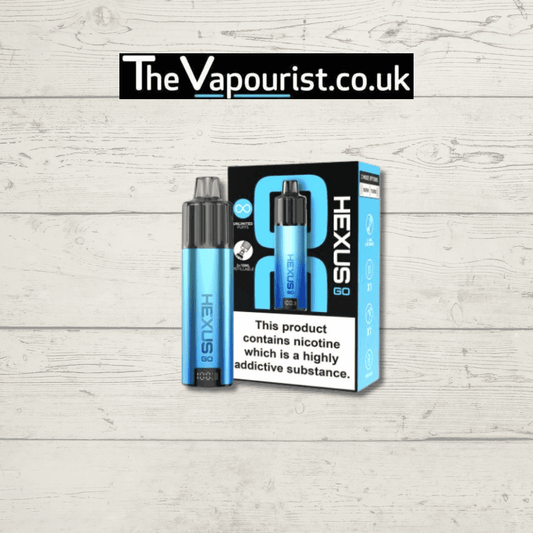 HEXUS GO 2 Pod Kit in blue with refillable 12ml pod system, ideal for MTL vaping and nic salt use. Eco-friendly and beginner-friendly vape device.